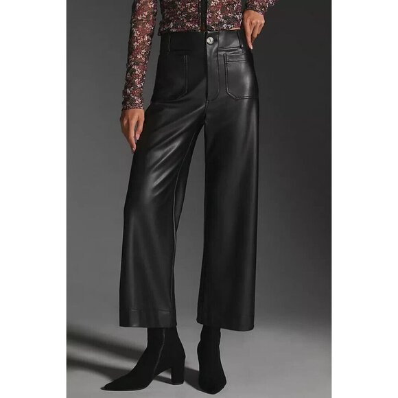 NWT Anthropologie Colette Cropped Wide-Leg Faux Leather Pants 32 Black - Picture 1 of 10
